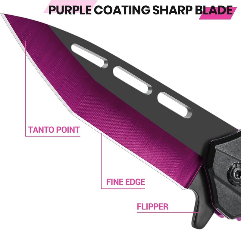 FUNBRO Pocket Knife for Women & Men, Cool Folding Knife with 3.4” Stainless Steel Sharp Blade, Flipper Open EDC Knives with Clip for Outdoor Camping Hiking (Purple) - Image 2